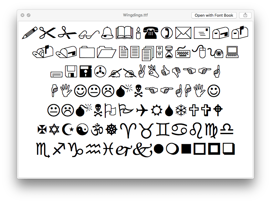 Символьные шрифты. Шрифт Mac os. Силуэтный шрифт-дингбат «смайлики»(emoticons). Dingbat font.