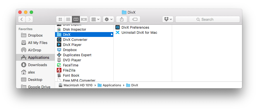 Uninstal DivX from Mac Finder Screenshot