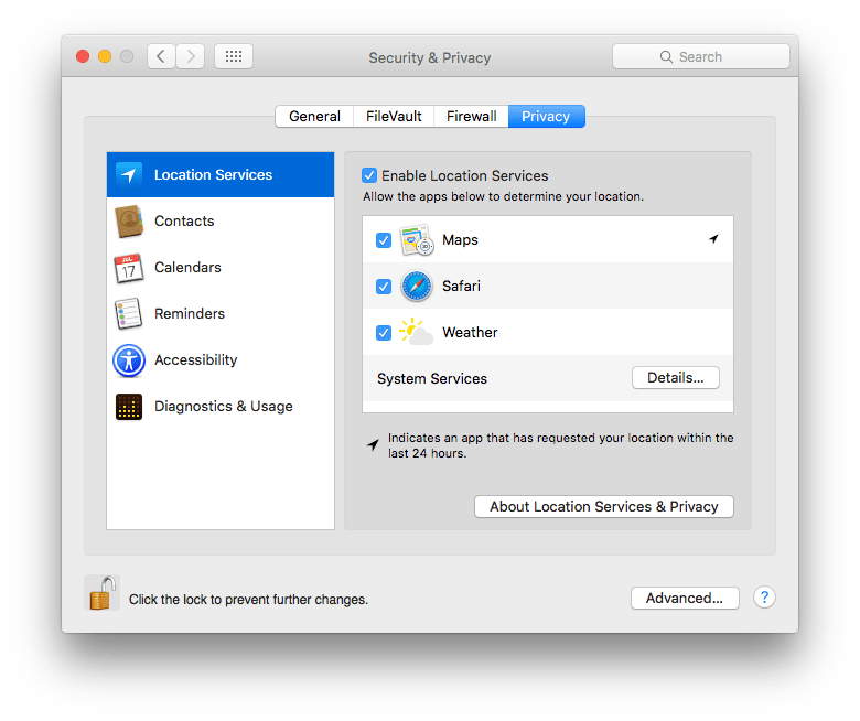 macOS Location Services options