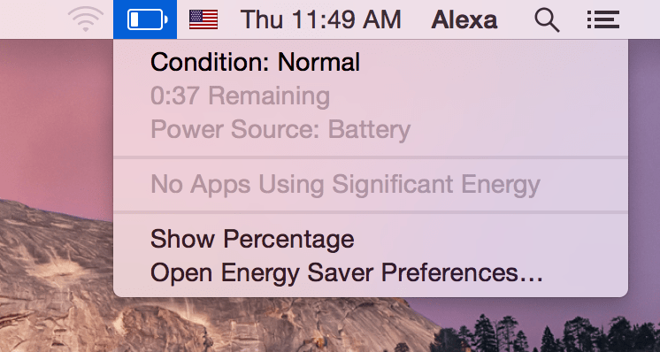 toolbar showing battery state on MacBook