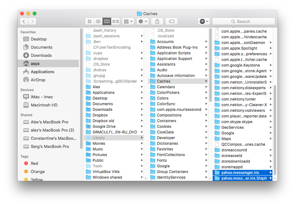 Finder window showing Yahoo Caches folders