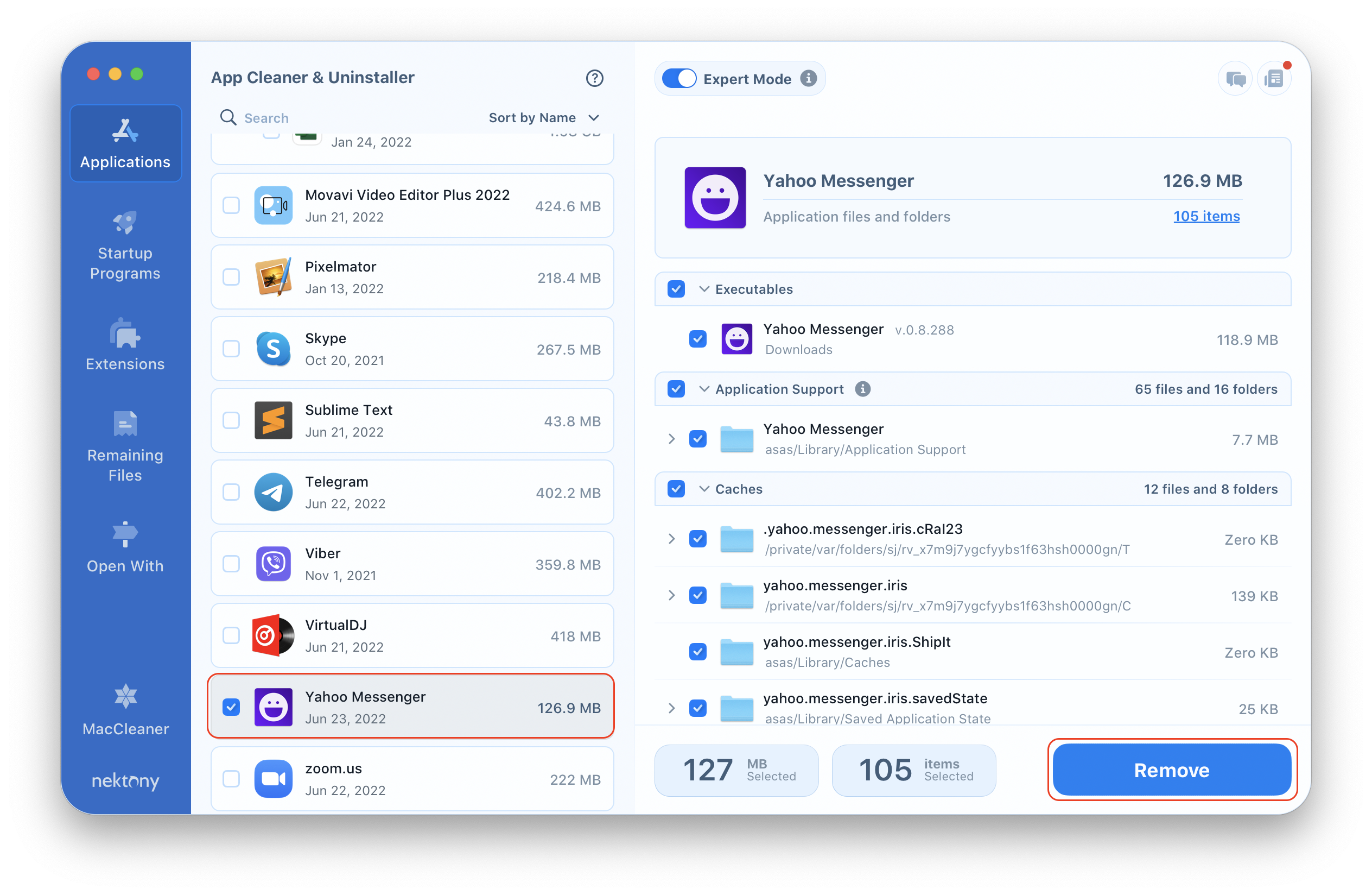 Yahoo Messenger selected for removal in App Cleaner & Uninstaller