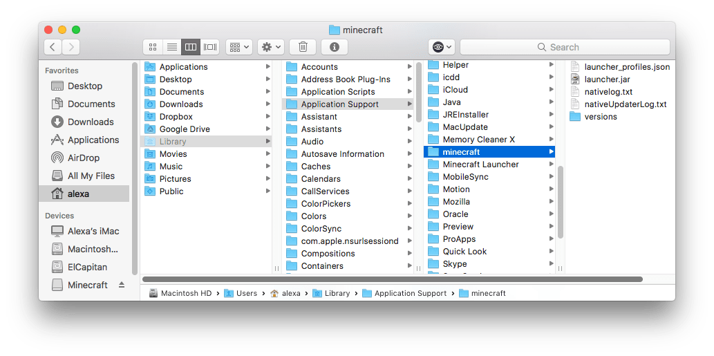 Minecraft application support files in Finder