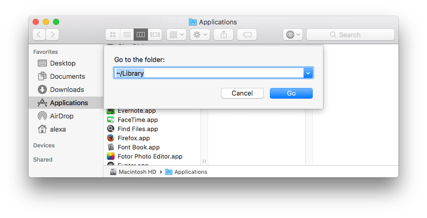 Finder window showing Go to the folder search field