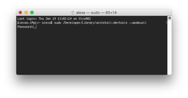 terminal window showing xcode uninstalling command