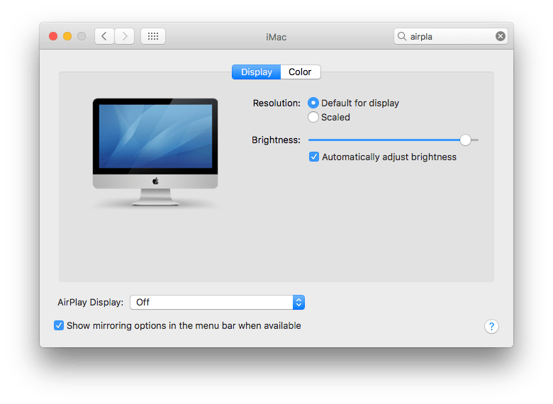 mirroring options window for Airplay on iMac