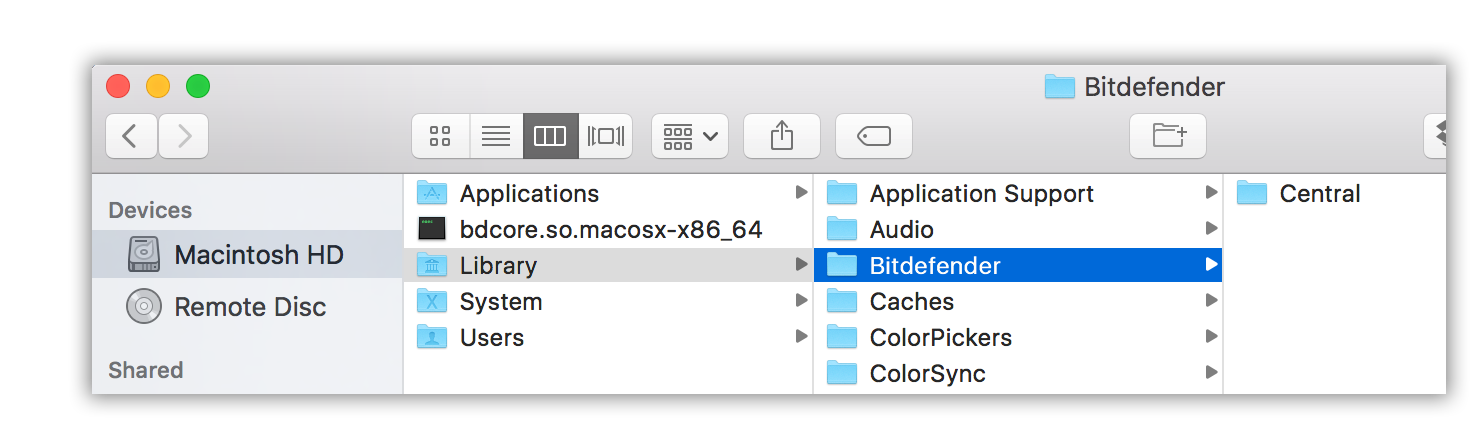 Finder window showing Bitdefender folder in Library