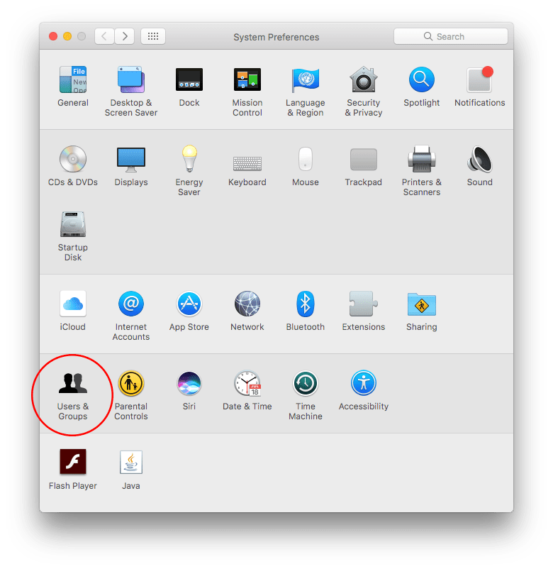System Preferences window with Users & Groups section highlighted