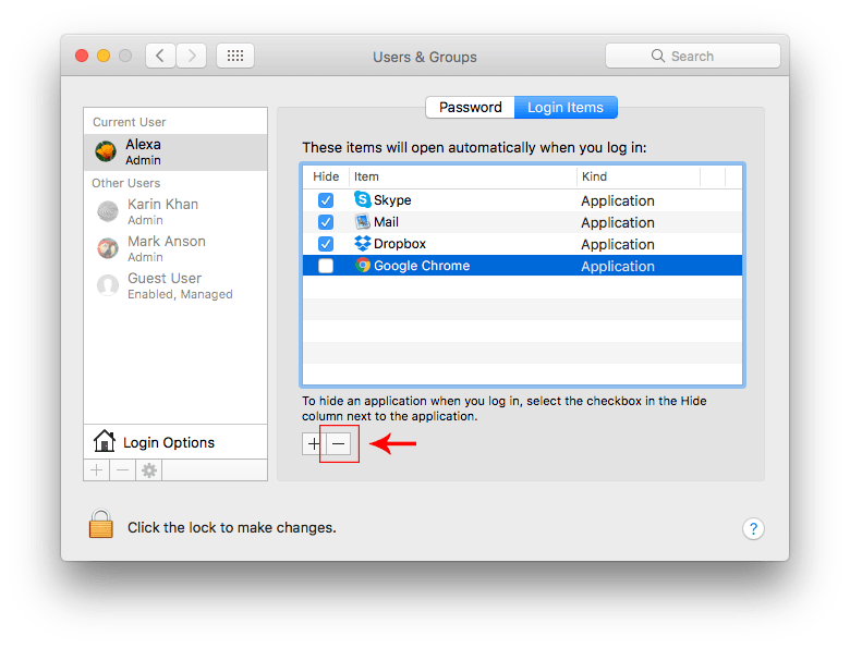 Login items tab in System Preferences with minus button highlighted
