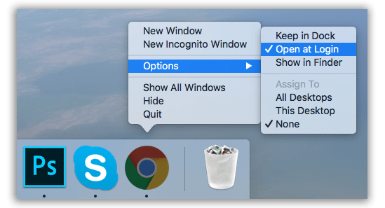 Dock panel - Chrome icon - highlighted option Open at login
