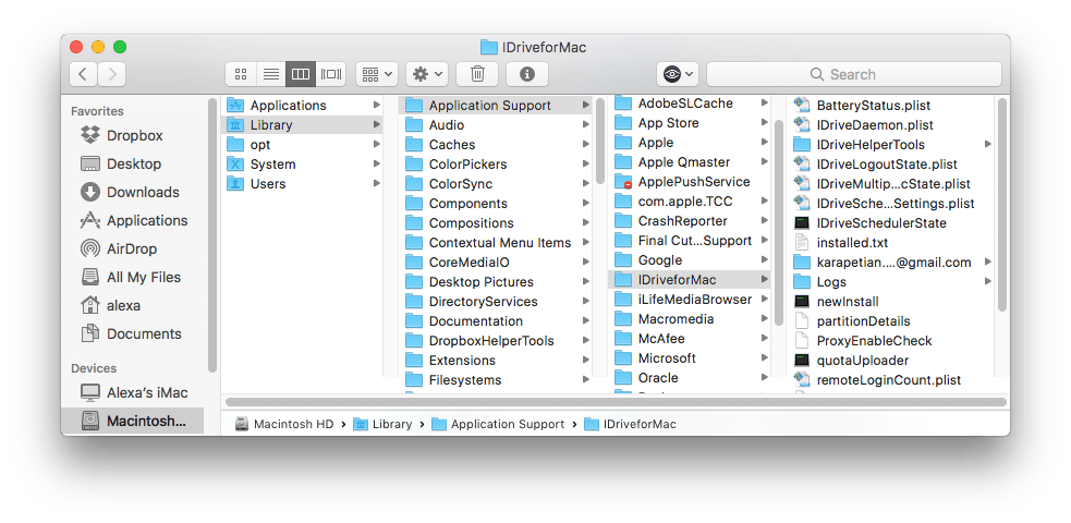 iDrive Application Support folder in Finder window