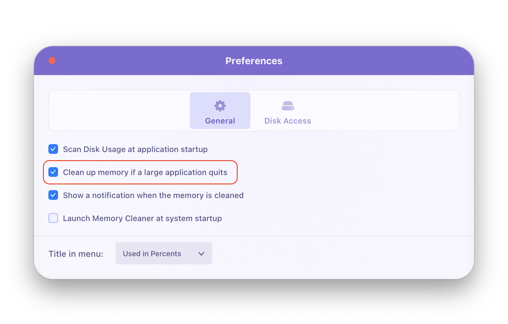 memory cleaner preferences