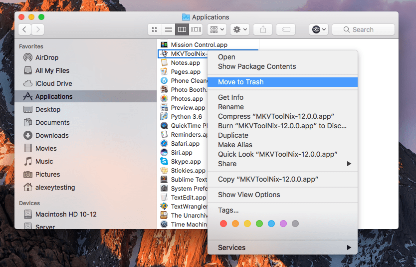Move to Trash command selected for MKVToolNix in Finder context menu