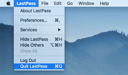 The Quit LastPass menu command selected