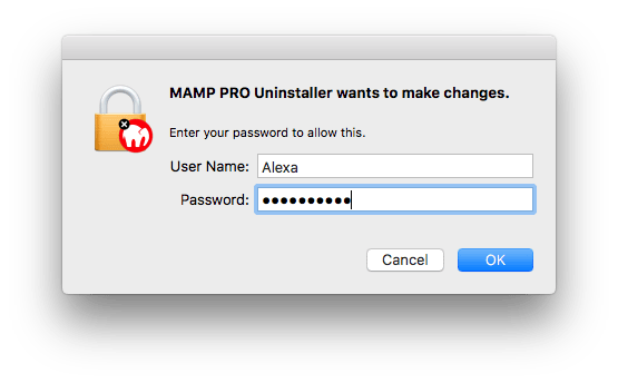 window with username and password to confirm uninstalling mamp