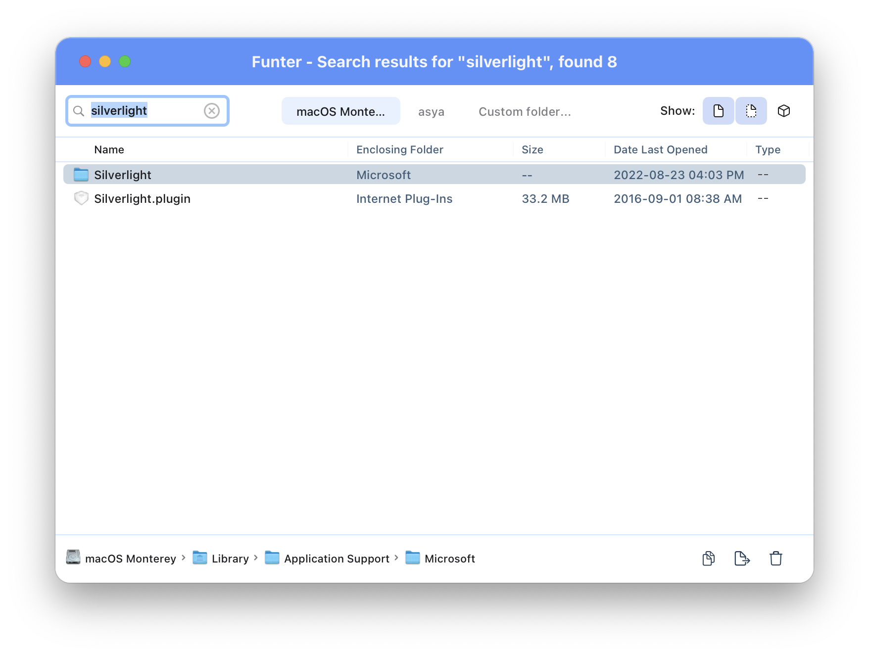 Funter window showing Silverlight hidden files
