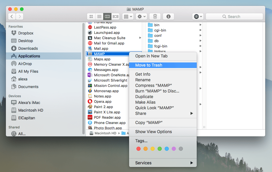 Finder window showing Mamp uninstaller in Applications folder