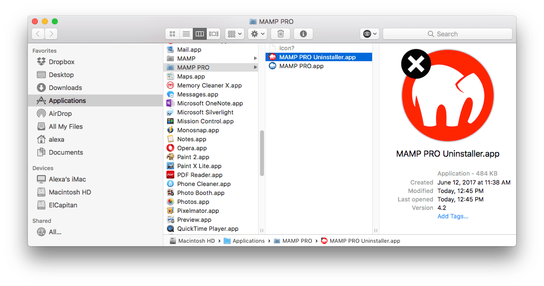 Finder window showing Mamp uninstaller in Applications folder