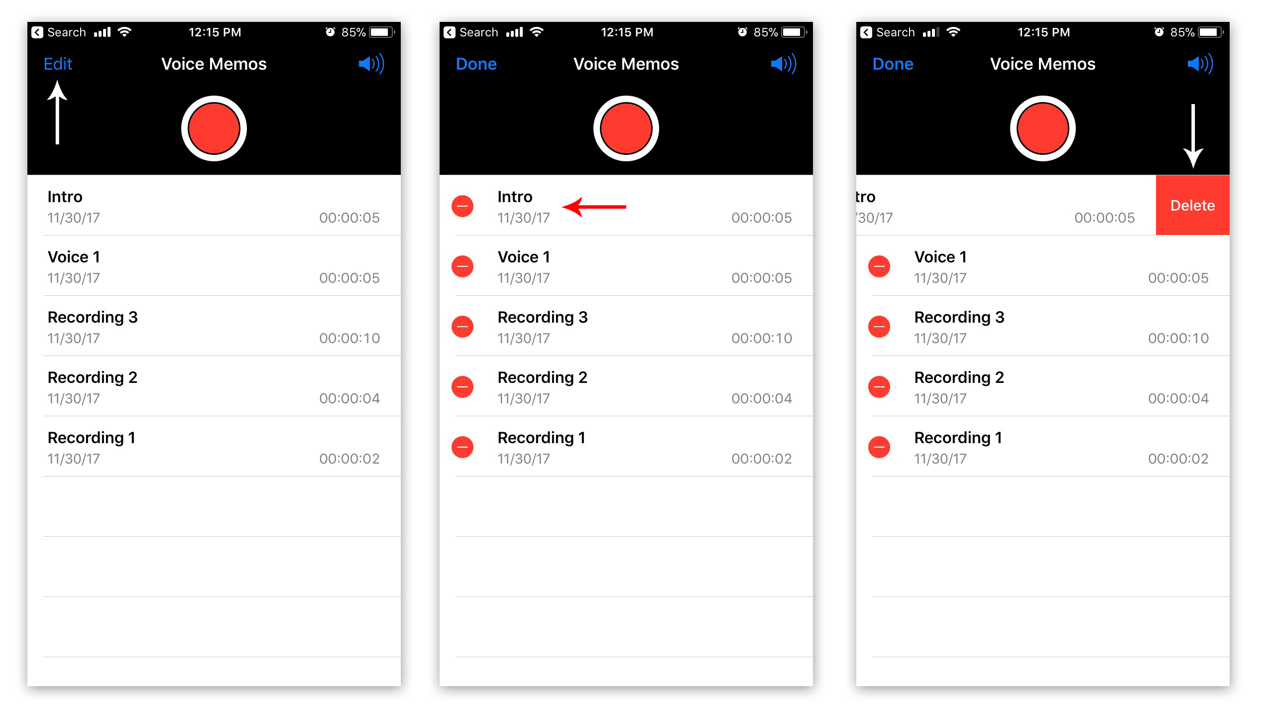 Voice Memos application - Follow the steps to delete unneeded records