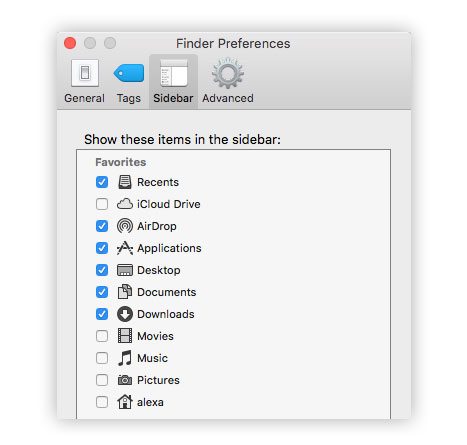 Sidebar tab in Finder preferences