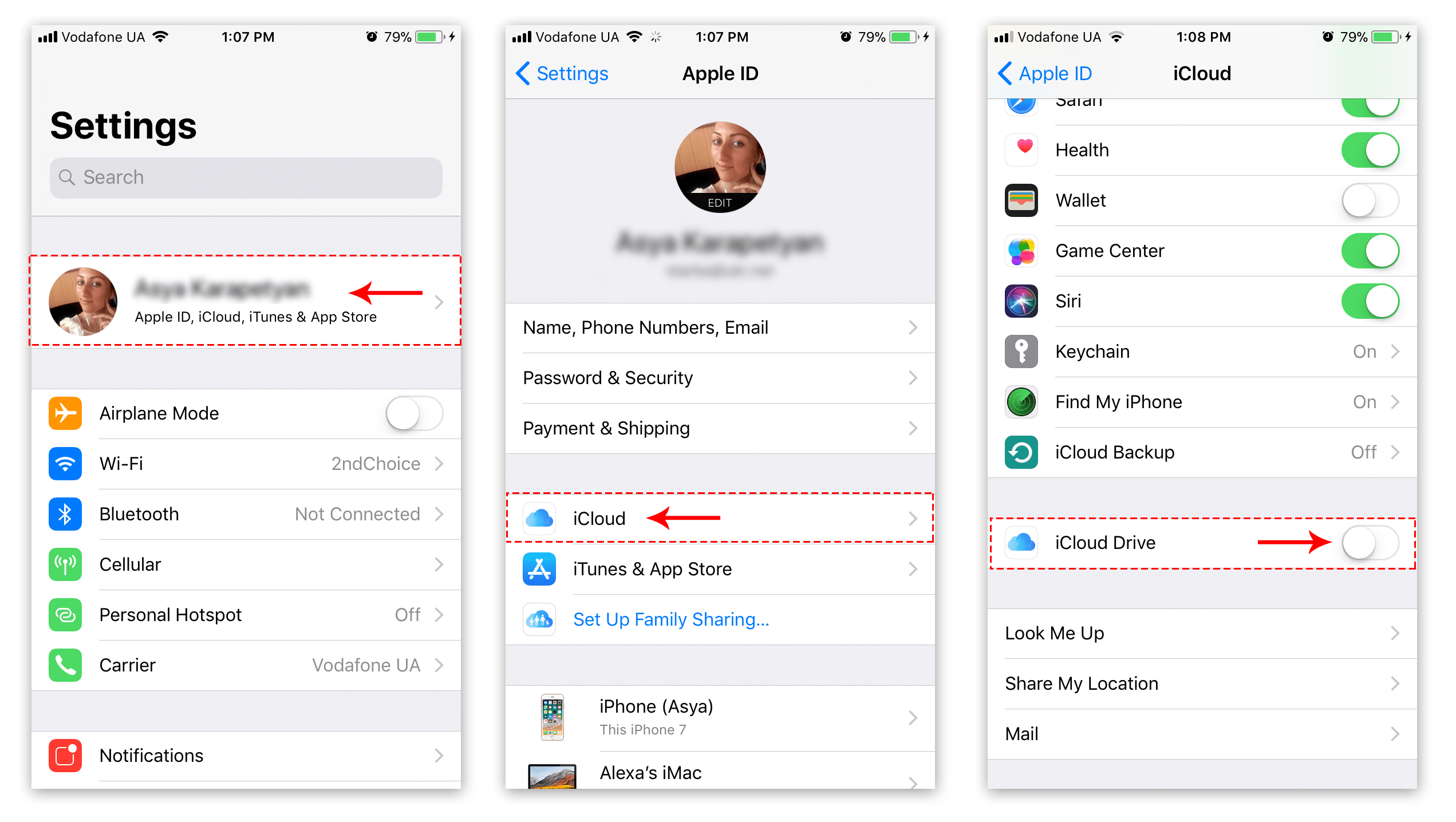 iPhone Apple ID settings - steps to turn on iCloud Drive