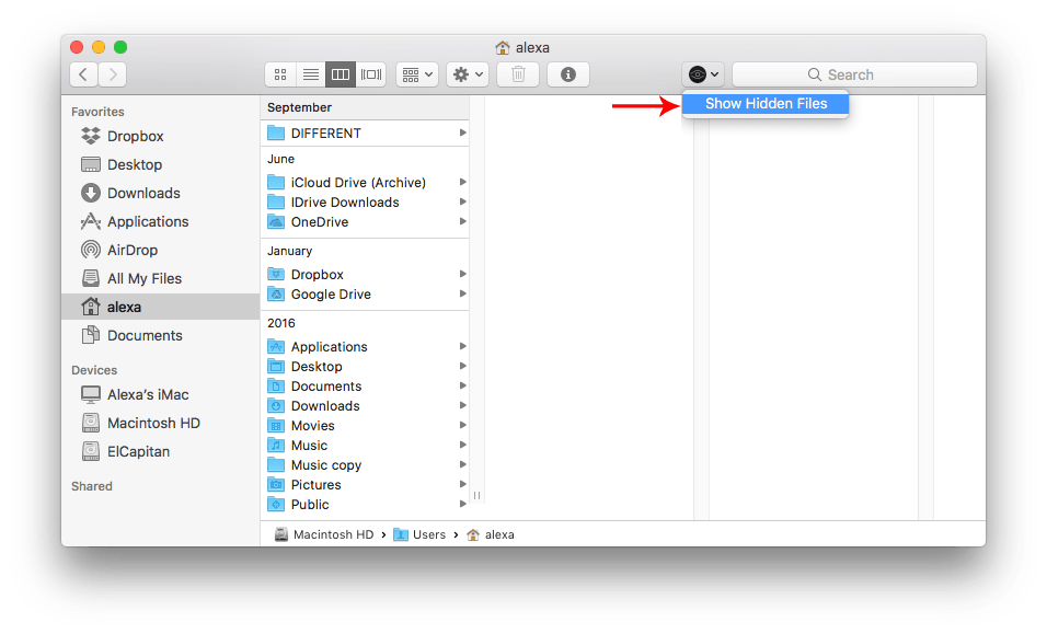 Show Hidden Files option in Funter menu in Finder