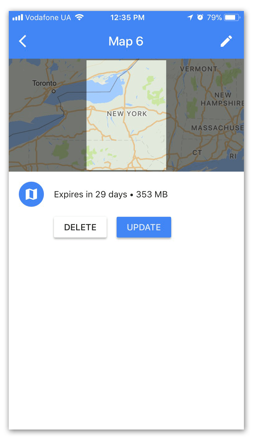 Google Maps application window with Delete and Update options