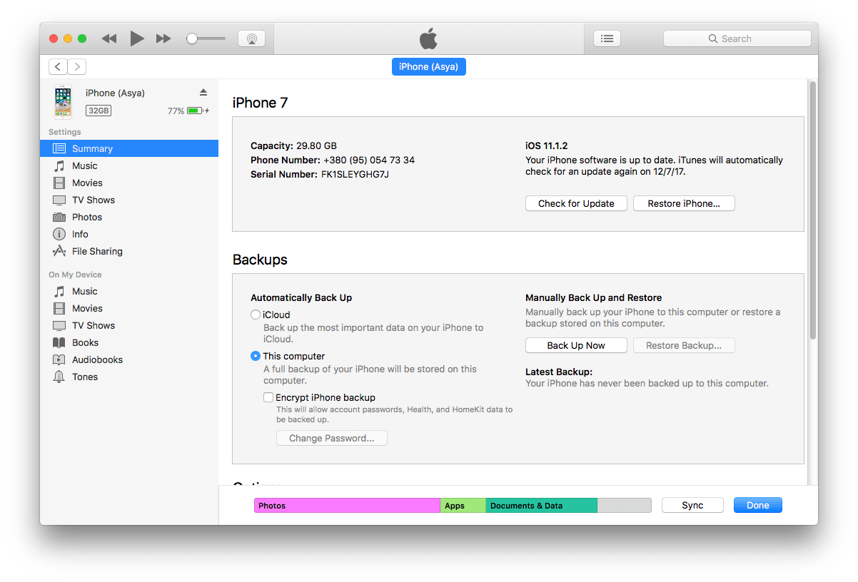 Summary tab in iTunes application window