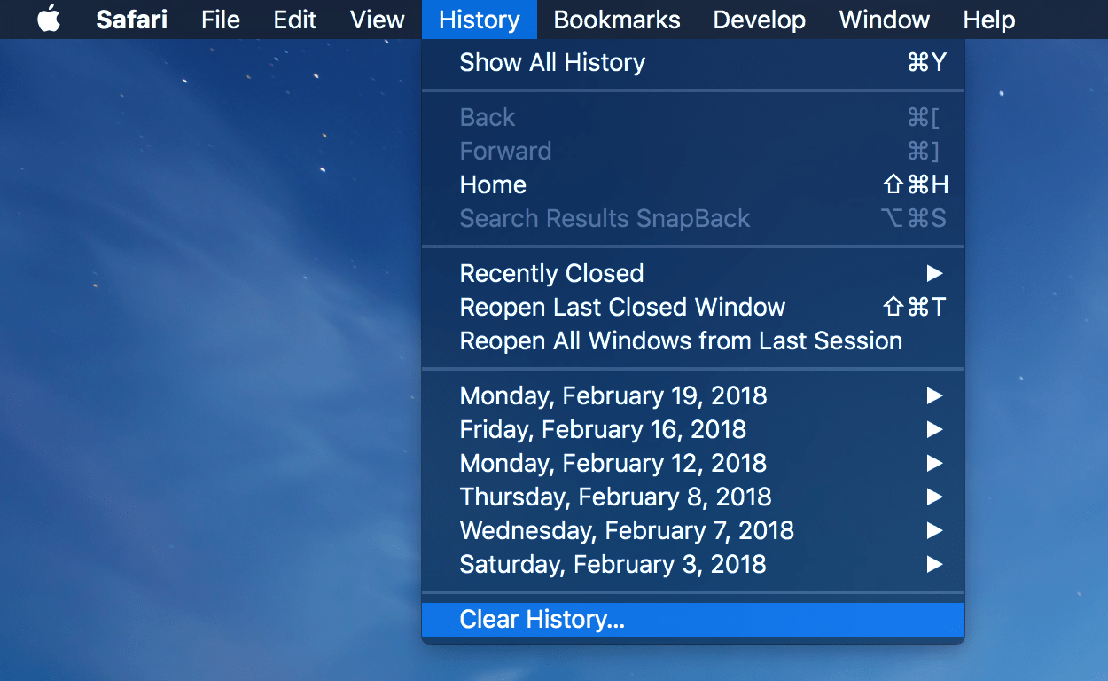 Clear Safari History menu command