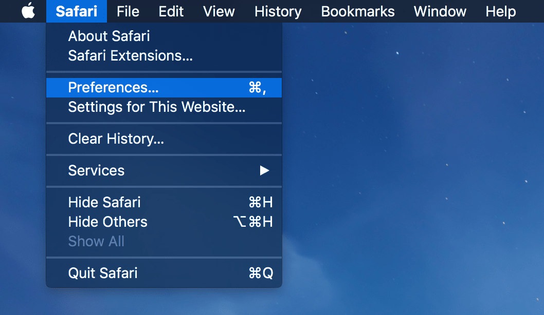 Open Safari Preferences commang from Menu Bar