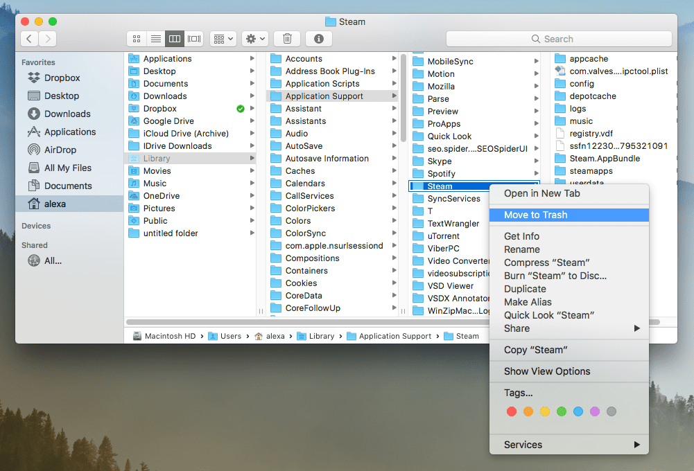 Choosing move to Trash command for Steam Application Support folder in Finder window