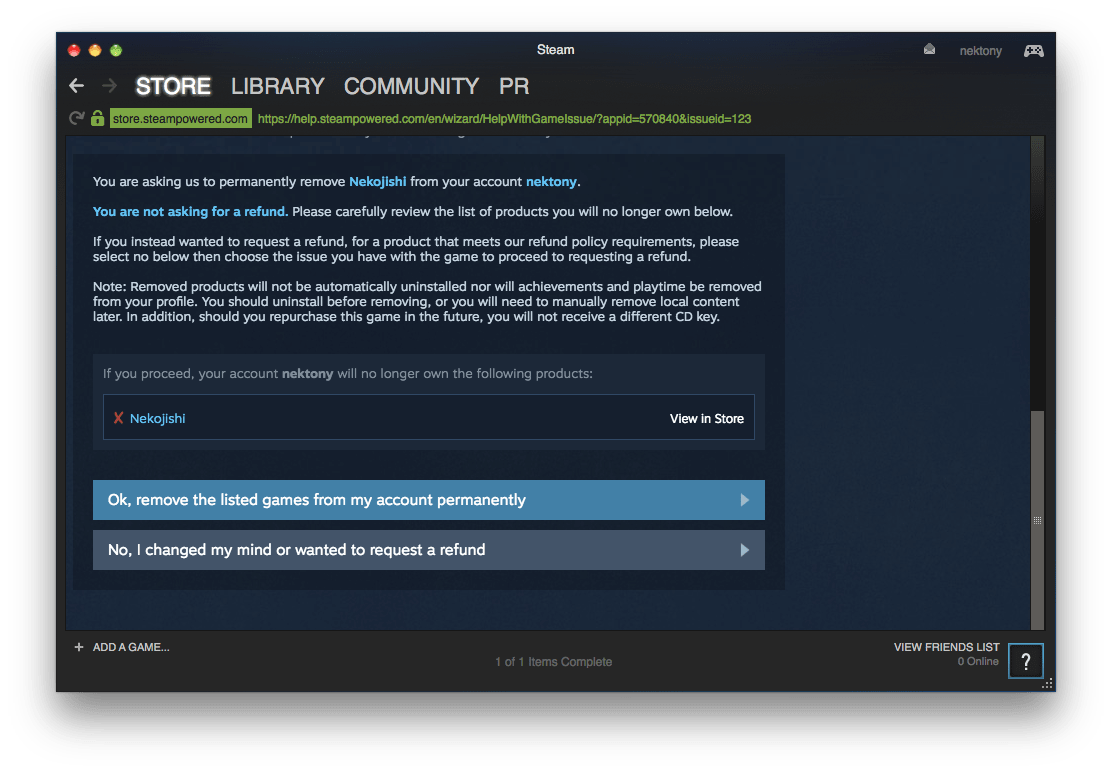 Steam application window displaying game removal window