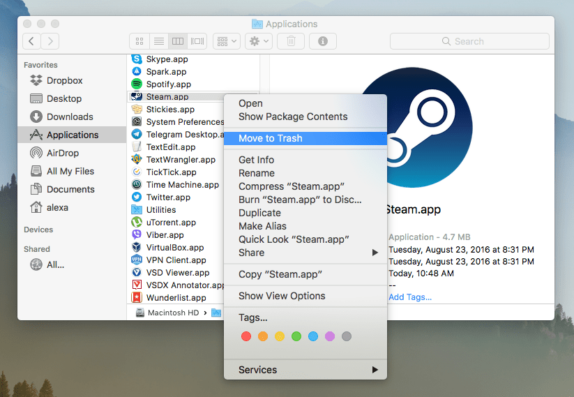Choosing Move to Trash popup menu command for Steam application in Finder 