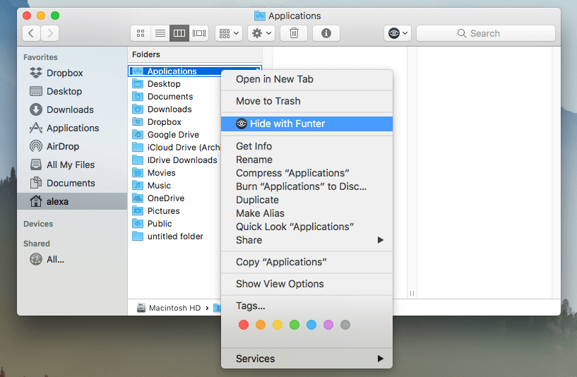 Finder window - Hide with Funter command in context menu 