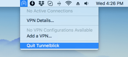 the Quit Tunneblick menu command selected in the menu bar