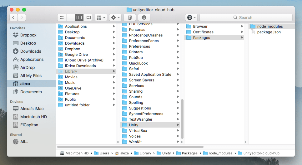 Unity support folder in Finder