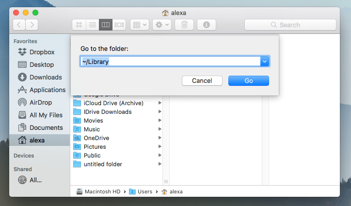 Go to Folder search field in Finder with Library location
