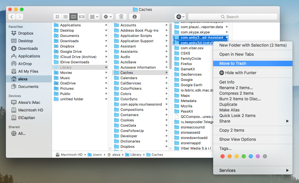 Finder window showing Unity cache files