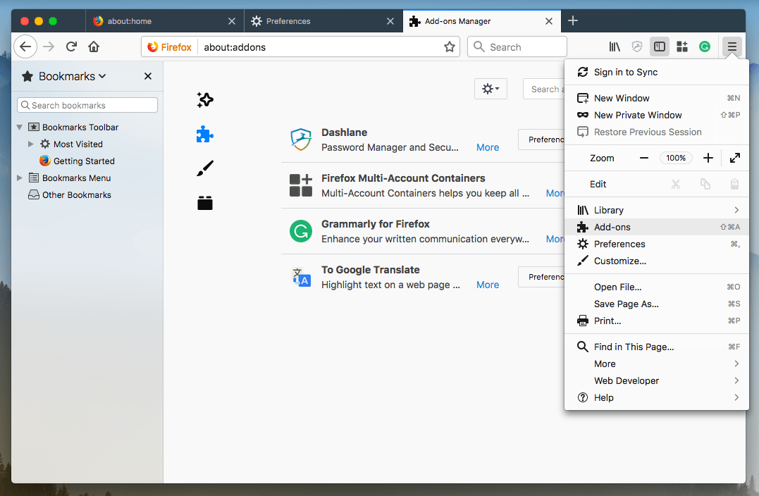 add-ons manager page in firefox