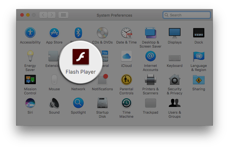 system preferences window showing flash player 