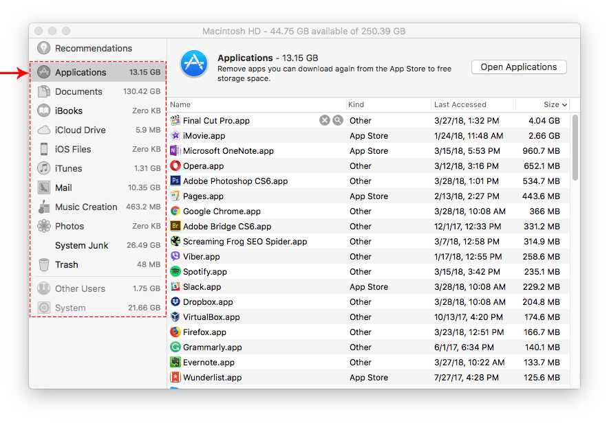 recommendations window to clear space on mac with sidebar highlighted