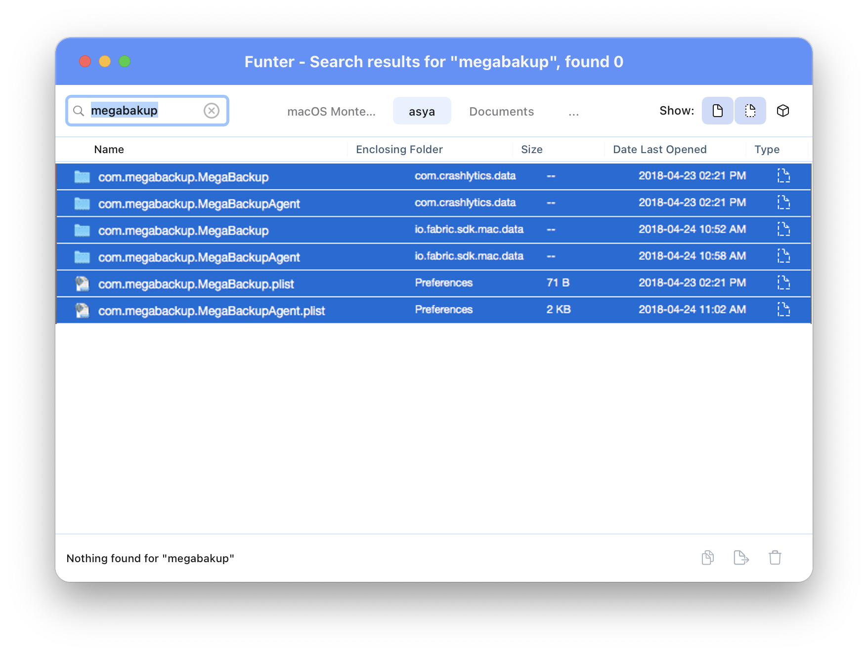 Funter showing MegaBackup files