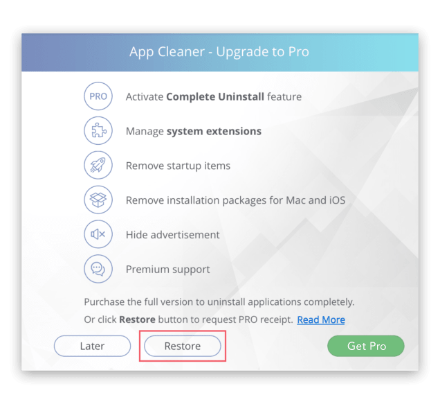 App cleaner and uninstaller unable to restore purchase on itunes