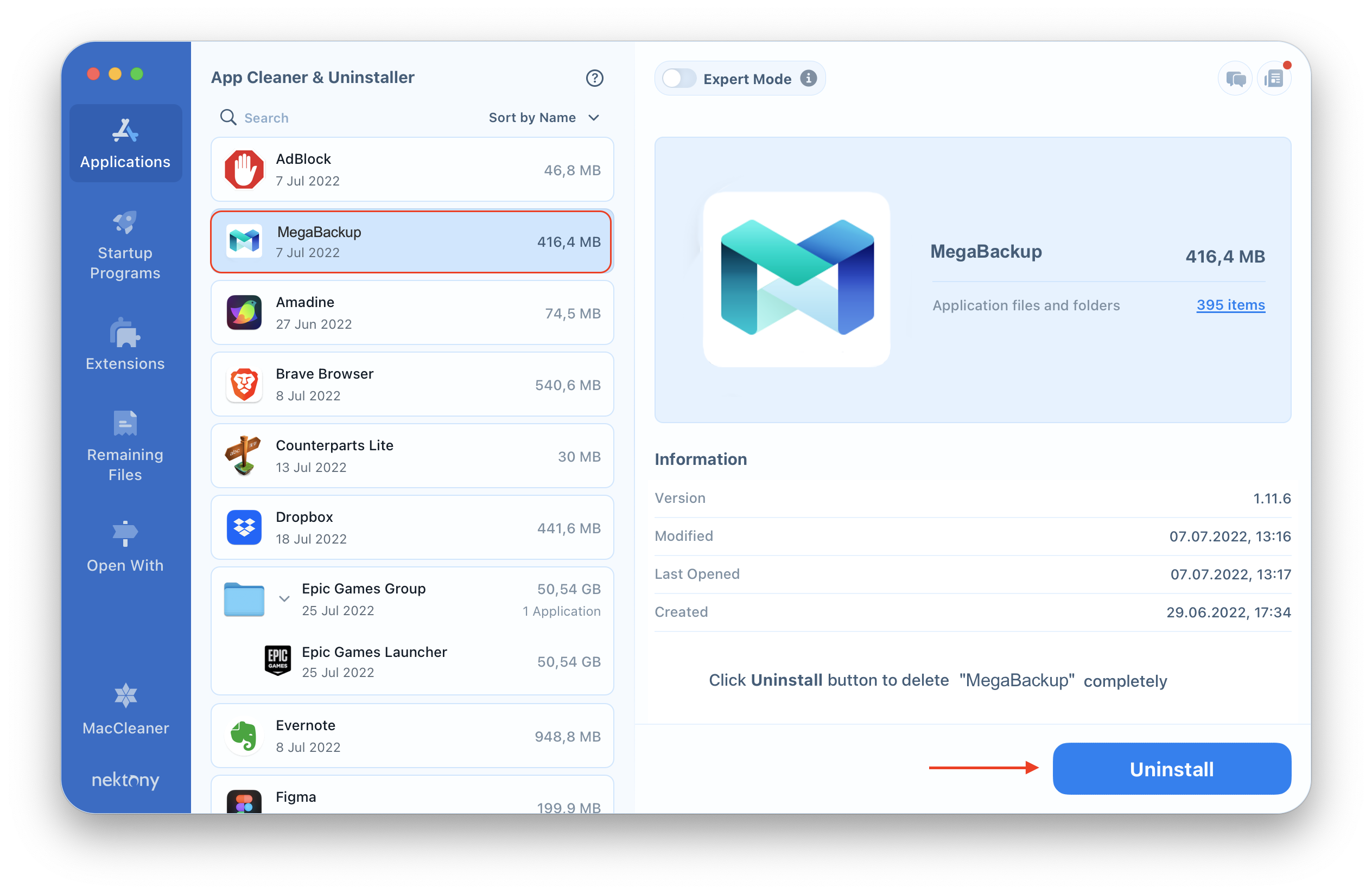 MegaBackup application selected for removal in App Cleaner & Uninstaller window