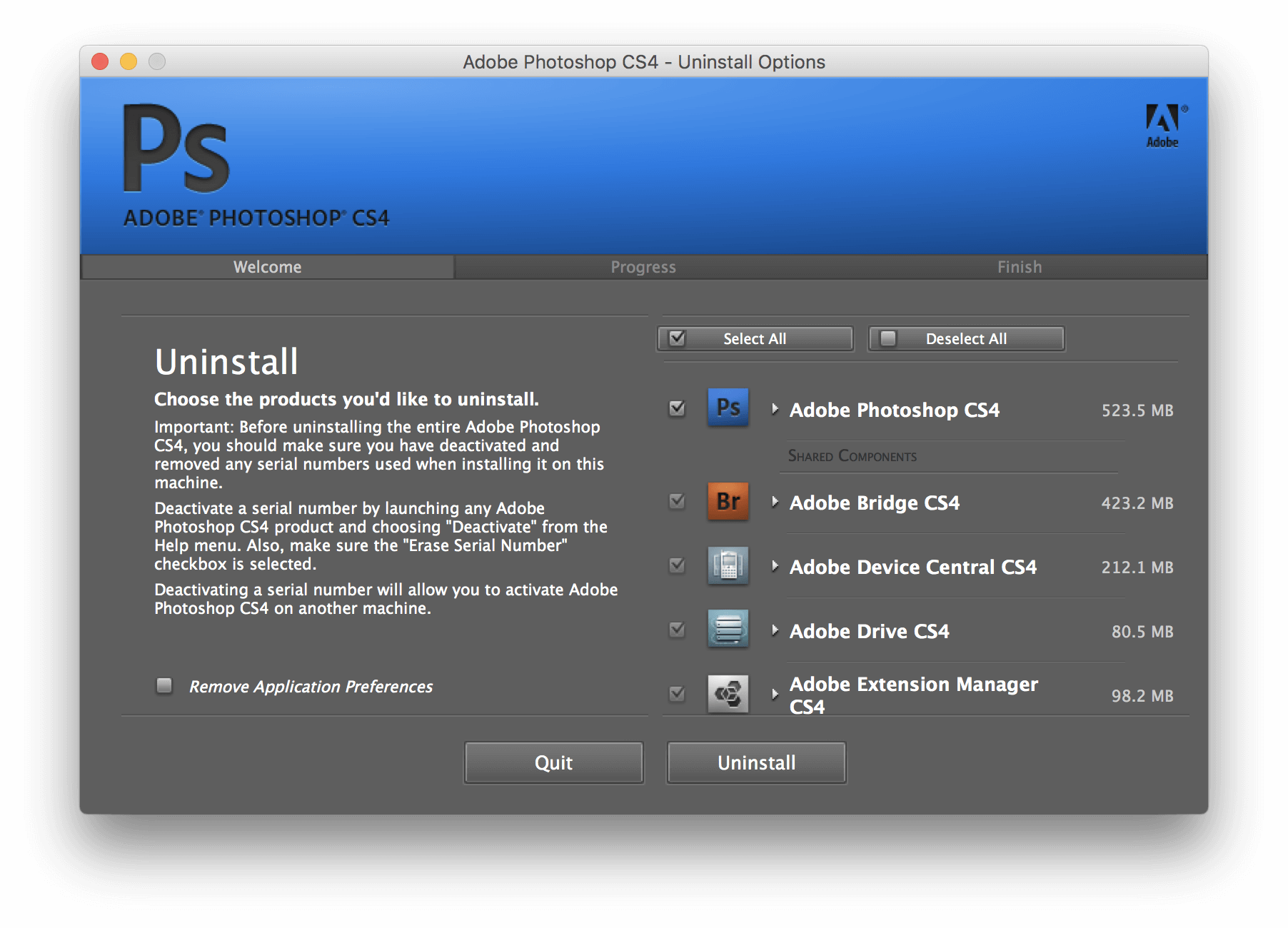 How to uninstall adobe cs4 mac