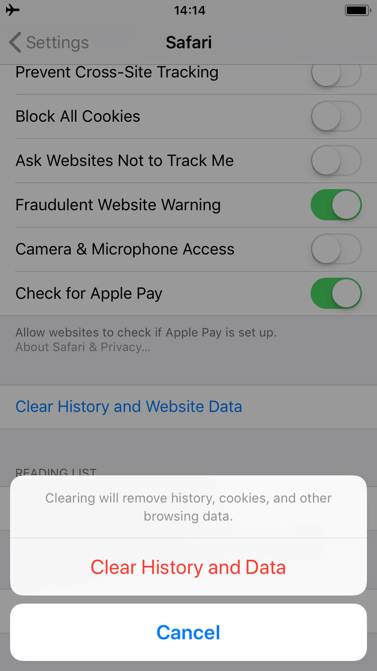 confirmation window to clear Safari cache on iphone