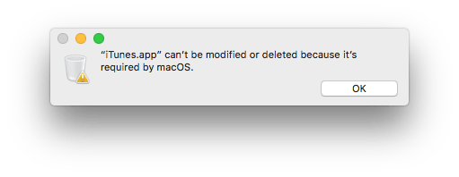 Apple notification that iTunes can’t be deleted