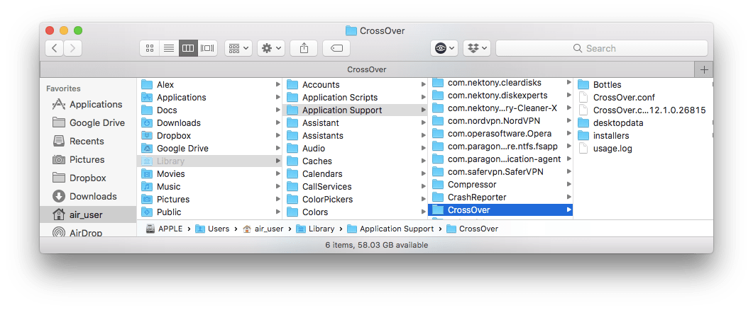 Crossover support files in Finder