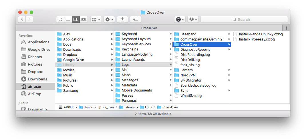 Crossover cache files in Finder