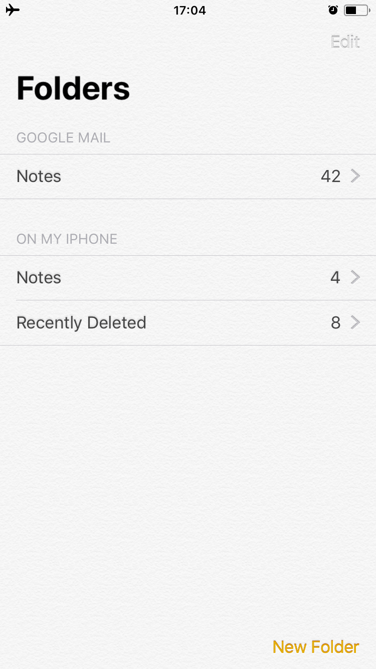 Notes app on Iphone - Folders section